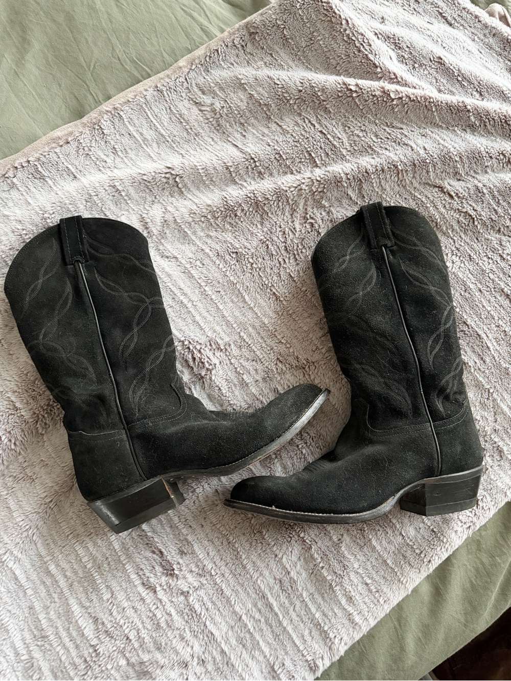 Tony Lama Black Suede Heeled Cowboy Boots Size 8
